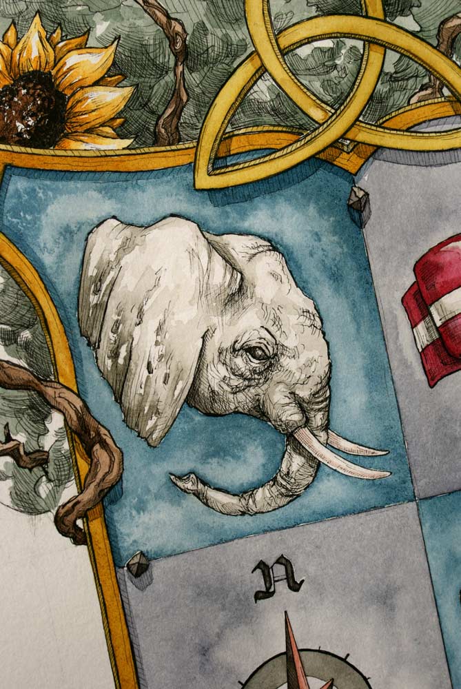 Våbenskjold tegning med elefant som symbol på skjold